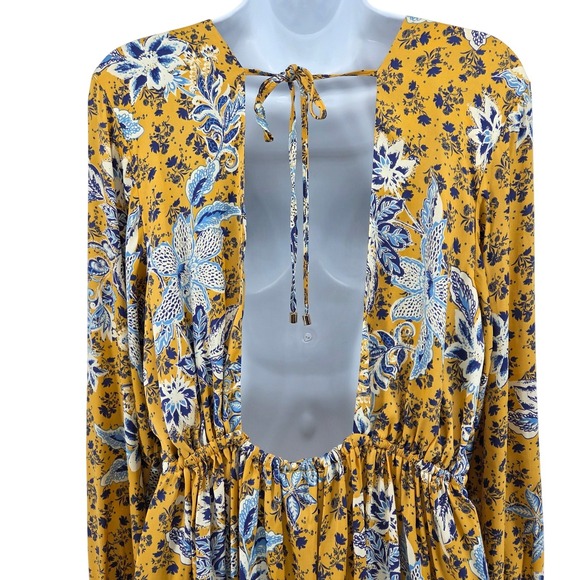 Free People Soli Plunge Neck Yellow Floral Long Sleeve Mini Dress Pockets Size L - Picture 9 of 12